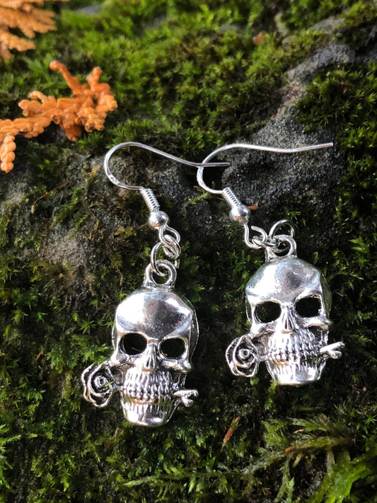 Spooky Rose and Skull Dangle Drop Gothic Earrings - Hypoallergenic Sterling Silver Ear Hooks - Quirky Gothic Valentines gifts