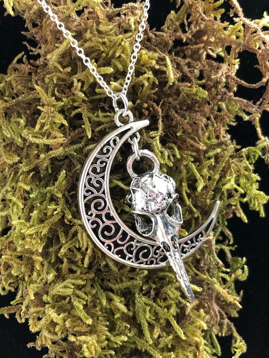 Raven Skull and Crescent Moon Charm Pendant Necklace - Bird Skeleton Lunar Talisman - Luna Falcon Skeletal Jewelry - Gothic Valentines gift