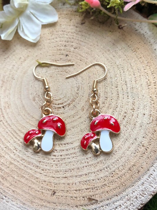 Tiny Red Mushroom Earrings - Cute Dangle Mushrooms - Weird & Quirky Witchy Jewelry - Fall Boho and Hippie Earring