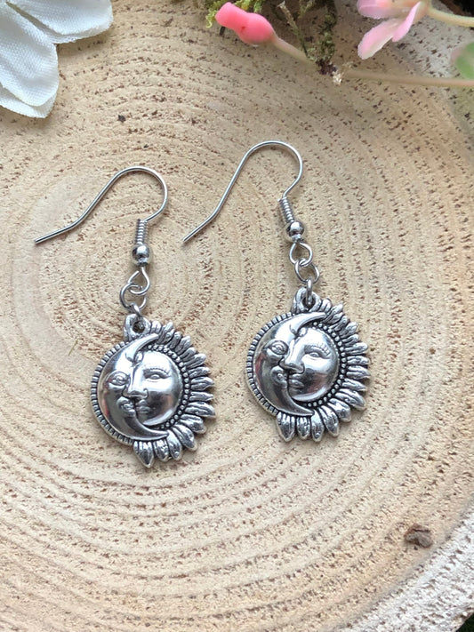 Sun and Moon Sunflower Earrings - Sun with Moon Celestial Earrings - Mystic Boho & Hippie Dangle Tarot Jewelry