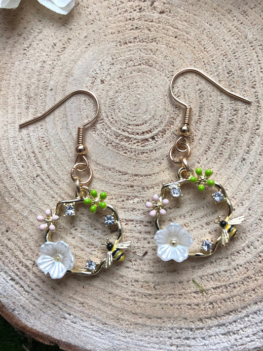 Pretty Bumble Bee Earrings - Gift for Beekeeper - Honey Bee Insect with Flower Earring - Bee Lover Gifts - April Birthstone - Spring Jewelry