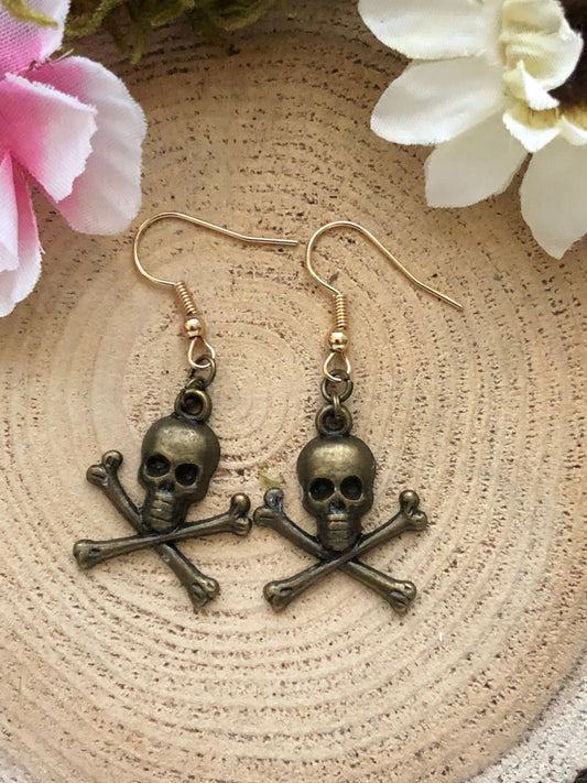 Skull and Crossbones Pirate Earrings, Bronze Coloured Cosplay, LARP and Costume Jewelry, Quirky Spooky Gothic Skulls as gifts for Halloween