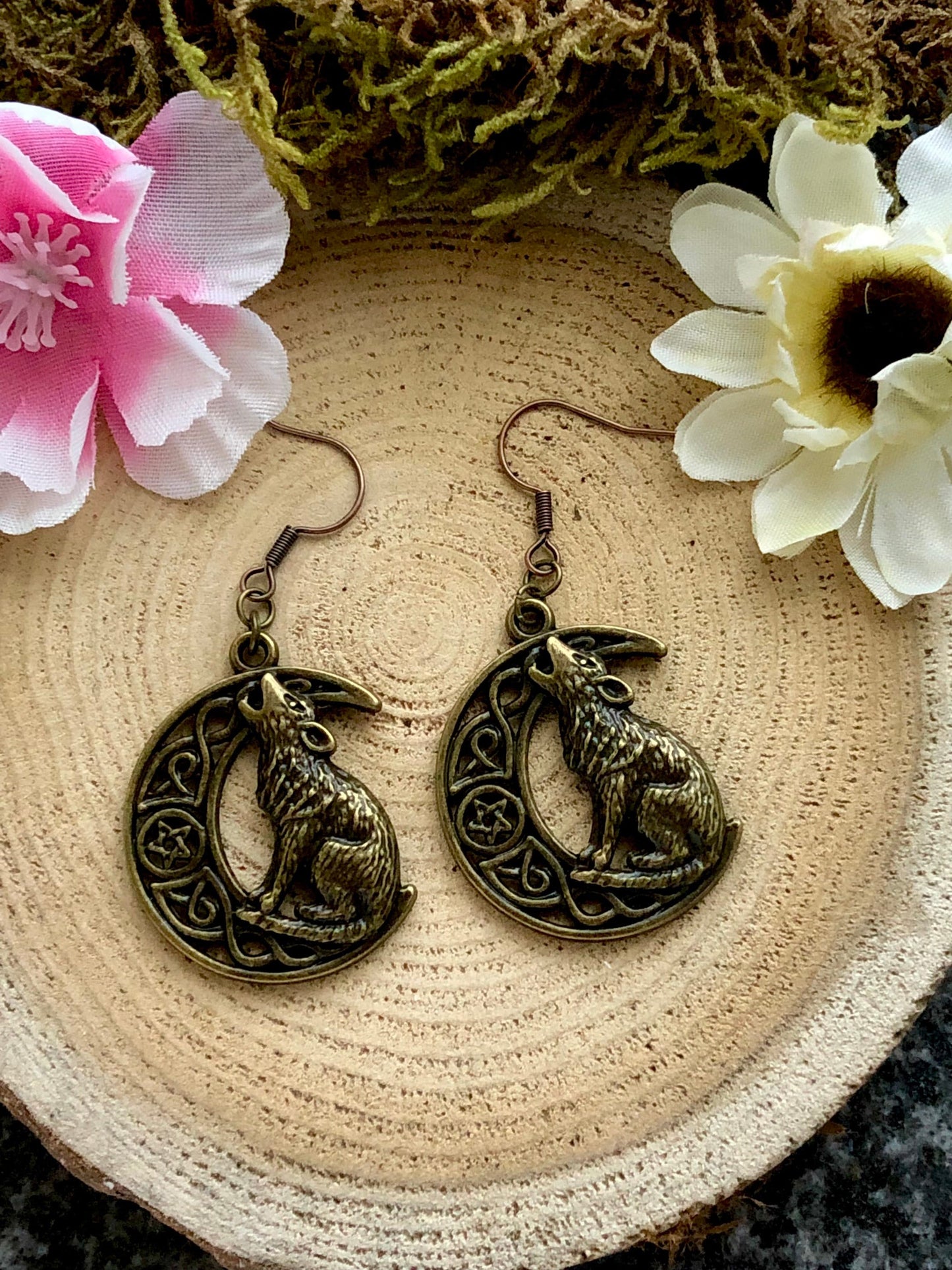 Bronze Howling Wolf Wiccan Earrings - Hypoallergenic Options