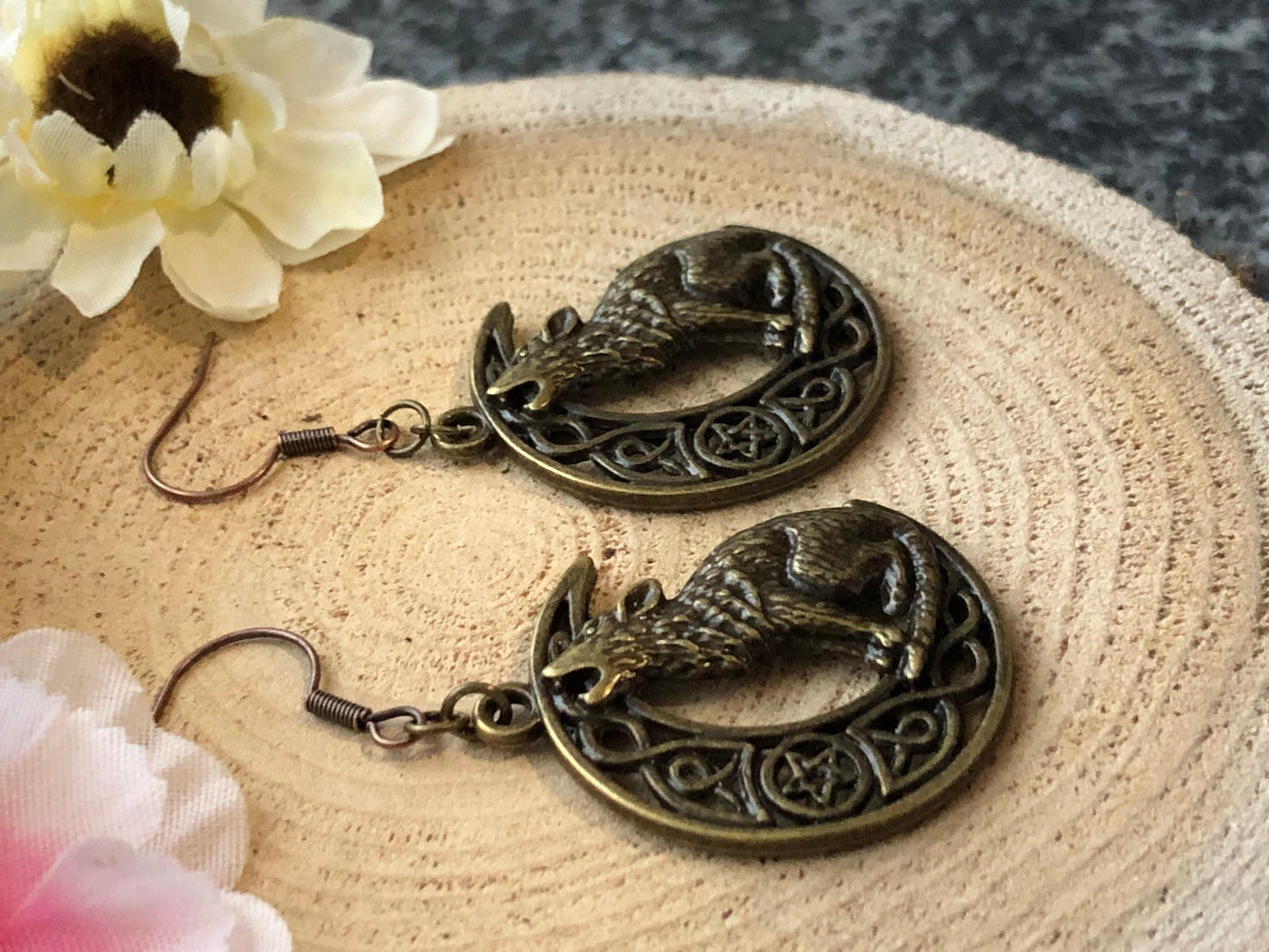 Bronze Howling Wolf Wiccan Earrings - Hypoallergenic Options