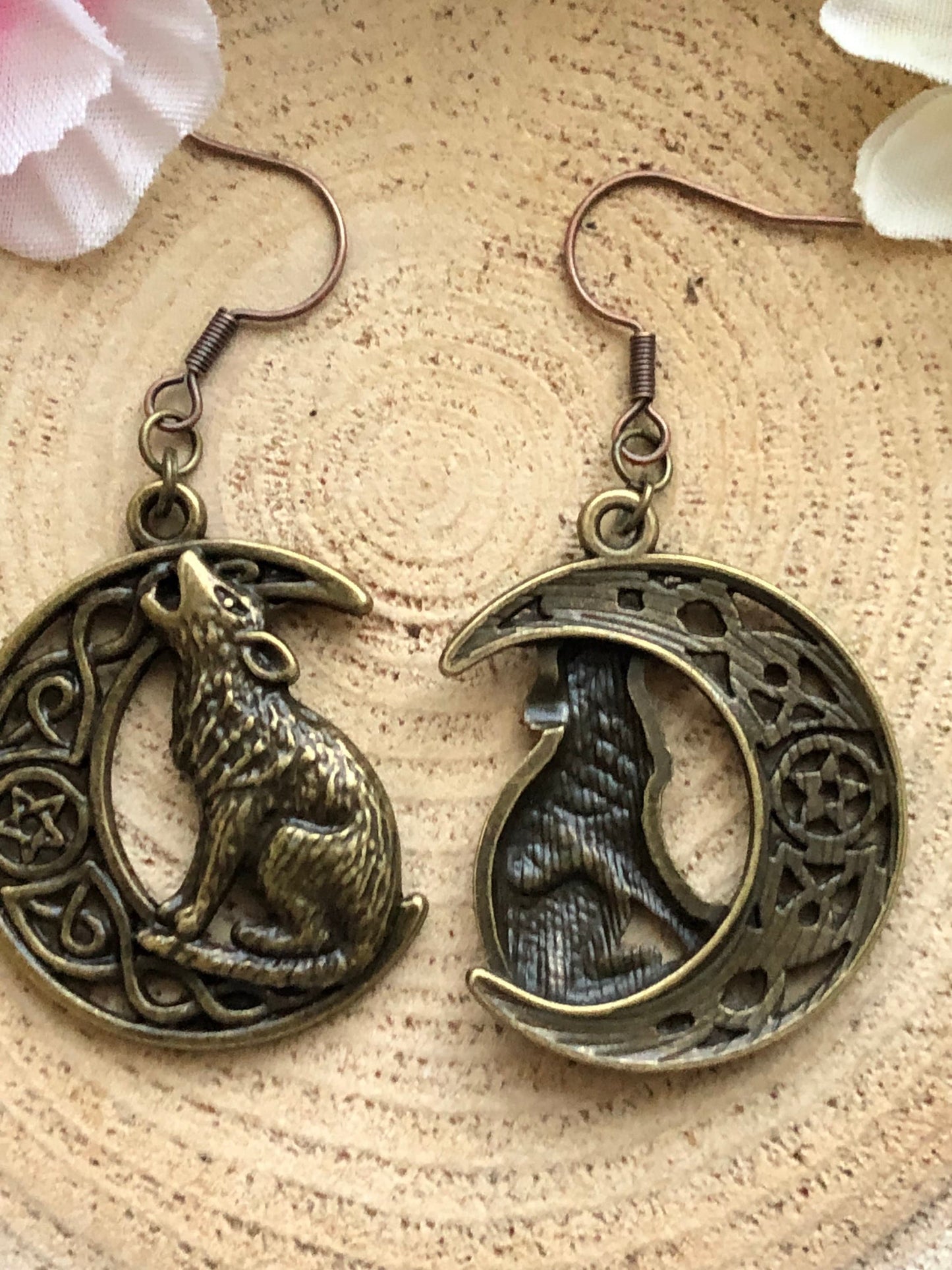 Bronze Howling Wolf Wiccan Earrings - Hypoallergenic Options