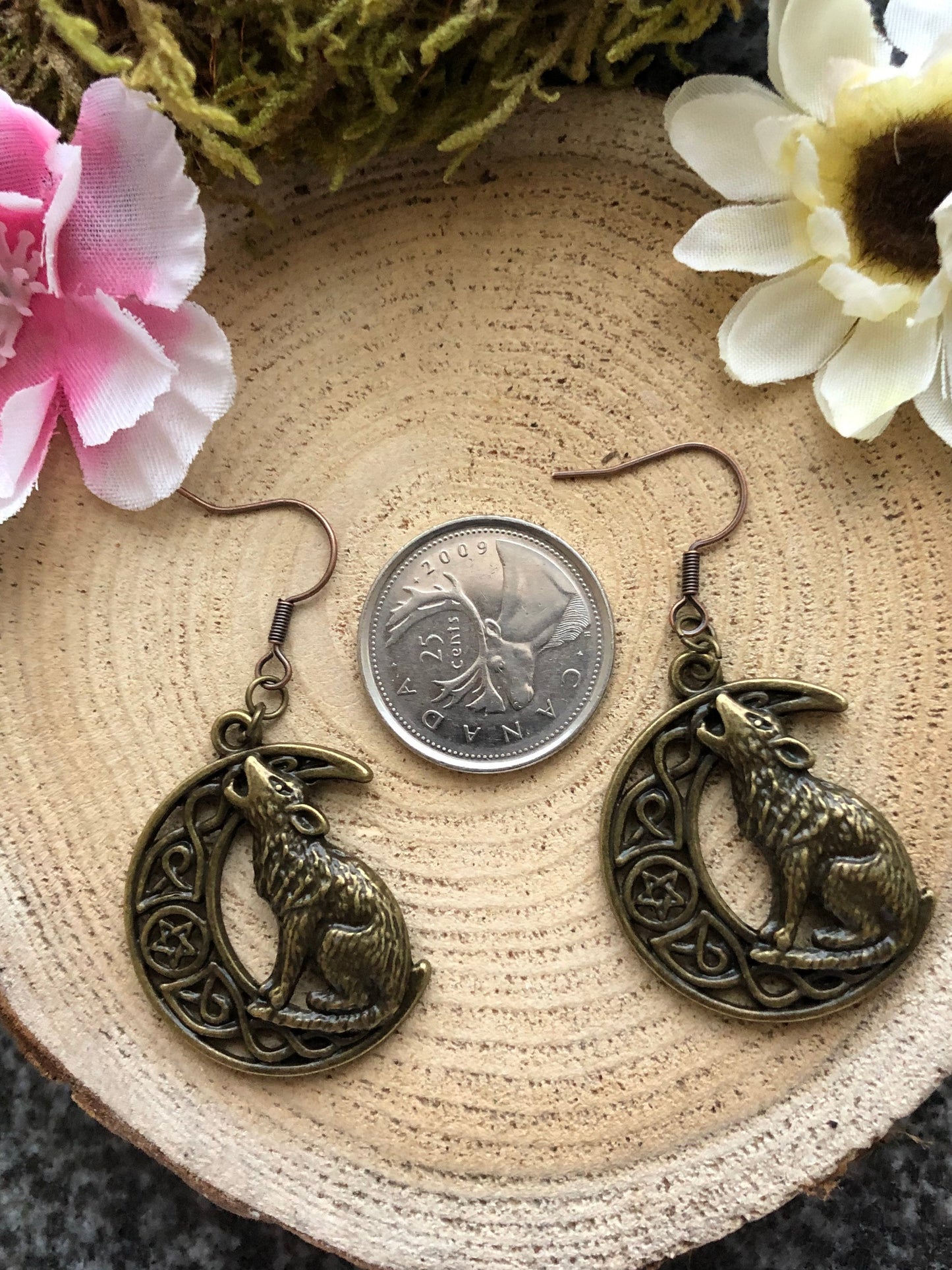 Bronze Howling Wolf Wiccan Earrings - Hypoallergenic Options