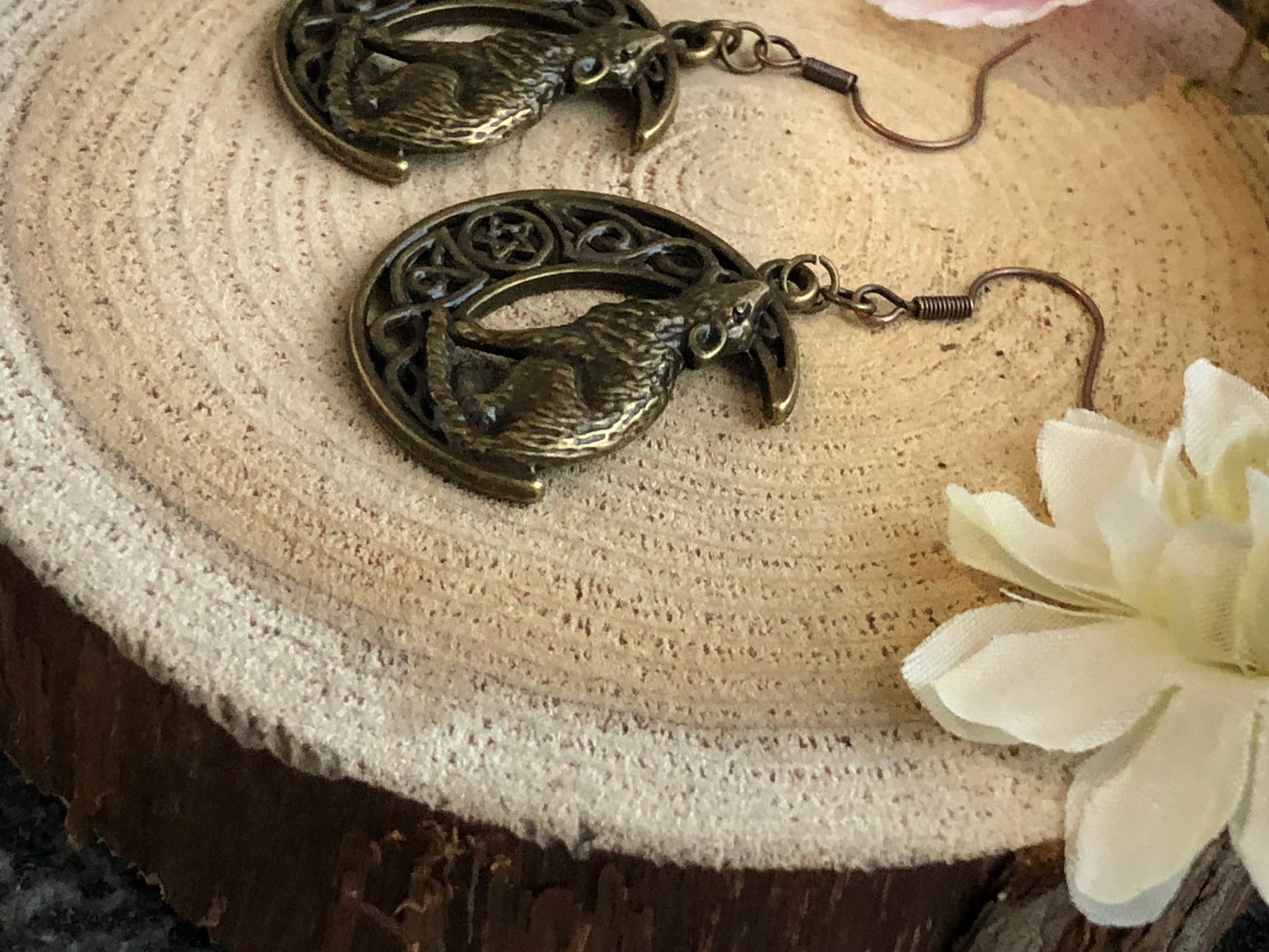 Bronze Howling Wolf Wiccan Earrings - Hypoallergenic Options