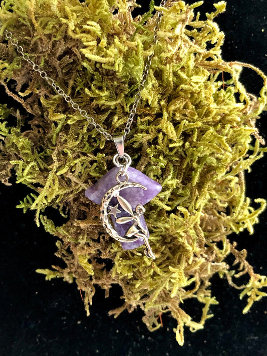 Purple Amethyst Crystal Fairy On Mushroom Pendant