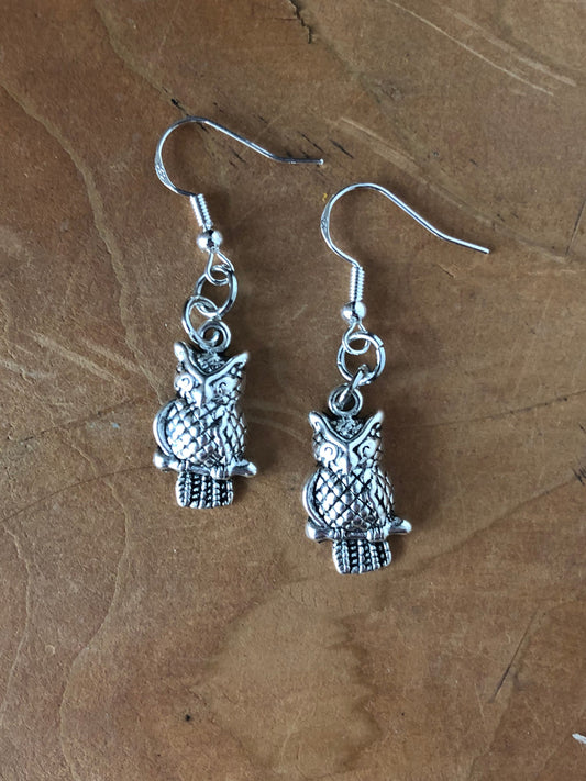 Owl Earrings - Silver Coloured Tibetan Alloy Owl Earring with Hypoallergenic Sterling Silver Ear Wires - Magical Quirky Witchy Earrings