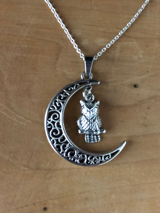 Moon and Owl Pendant - Crescent Moon Necklace Large With Tiny Owl - Gift for Owl Lovers - Bird Lover Jewelry