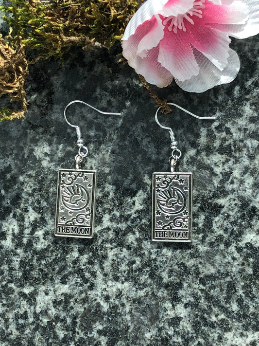 The Moon Tarot Card Earrings, Mystical Cards Jewelry, Mystic Silver Spooky Witchy Magical gifts, Gift For Witch, hypoallergenic hooks option