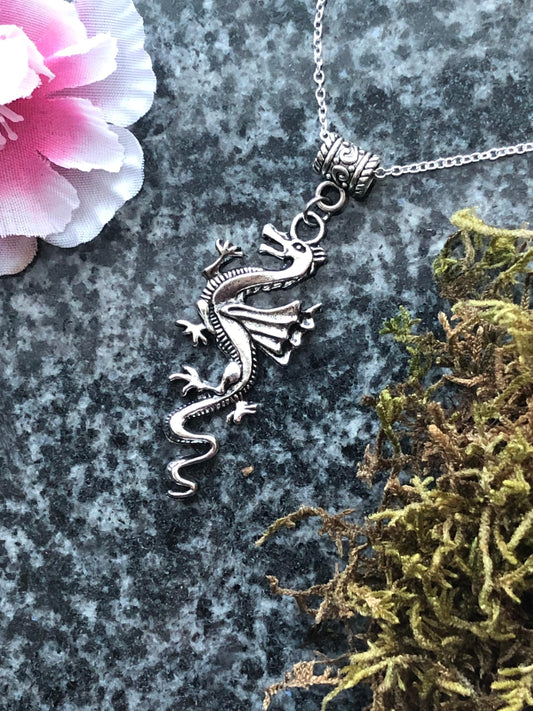 Retro Welsh Dragon Necklace with Silver Plated Chain, Gift for Dragon Lover, Gamer Gifts, Drake Pendant, Fantasy Jewellery, Kidcore Celtic