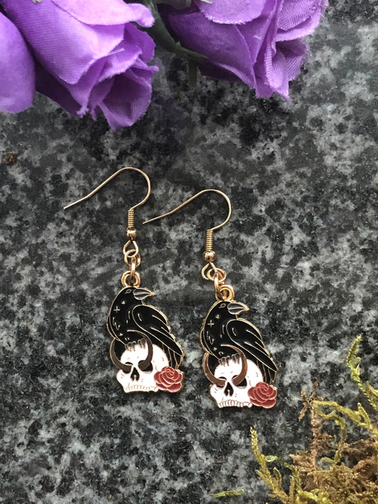 Raven on a Skull with Rose and Moon Gothic Earrings, Hypoallergenic Hook options, gift for goth, Spooky Macabre Jewelry