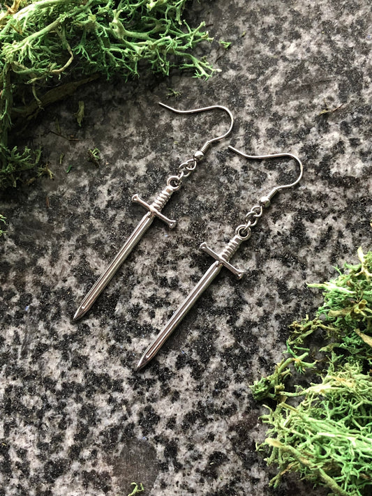 Stainless Sword Earrings, Hypoallergenic Hooks, Medium sized Sword and Dagger - Medieval Jewelry - Viking Jewelry for Men and Women