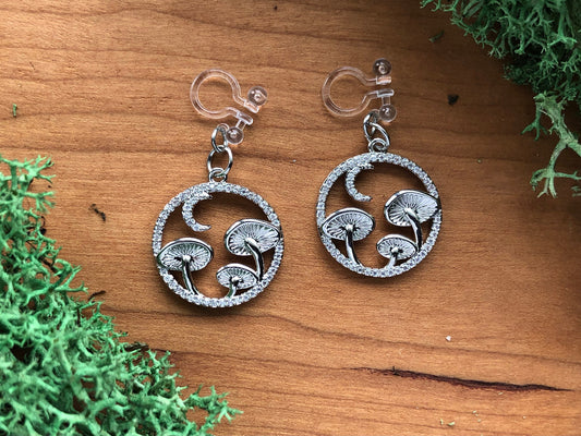 Sparkly Silver Mushroom Clip-on Earrings with Moon, Dainty Cottagecore clipons, Fun, Quirky Fairy Circle Jewelry, Autumn & Fall Accesories