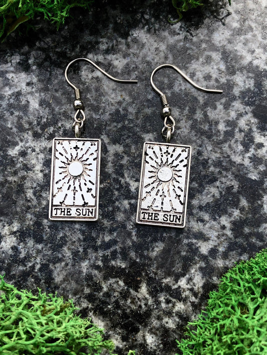 Hypoallergenic The Sun Tarot Card Earrings, Mystic Tarot Cards Jewelry, Silver Colored Spooky Witchy Magical Earring, Gift For Witch