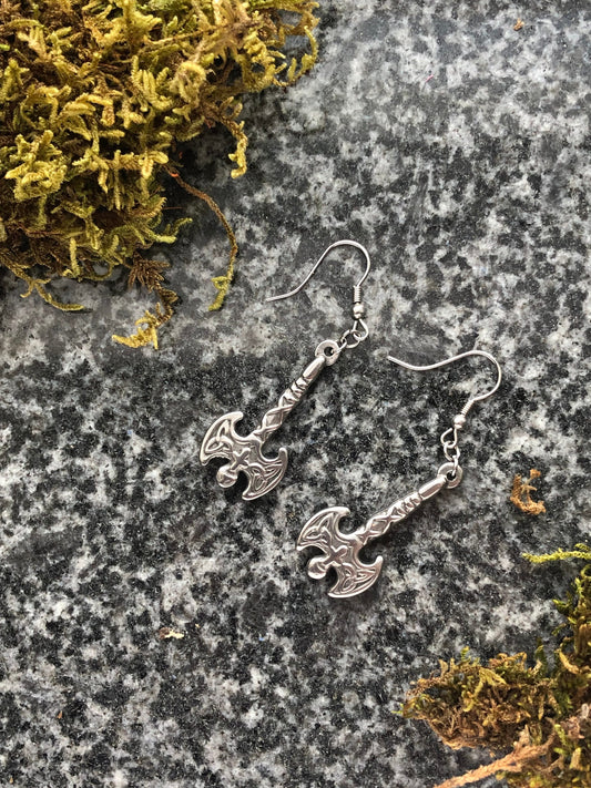 Stainless Steel Battle Axe with Celtic Trifecta Earrings, Fantasy and Roleplaying Gamer Jewelry, LARP Accessories, Gift for Game Master